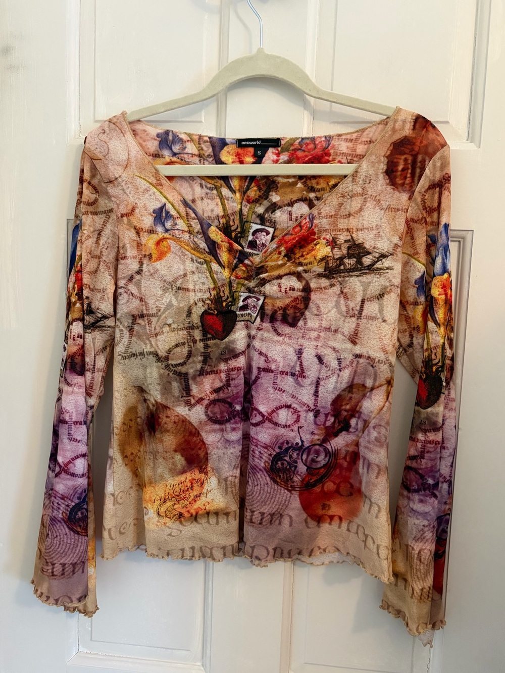 Y2K tattoo-patterned micro mesh top semi-sheer size S lettuce hem bell sleeve